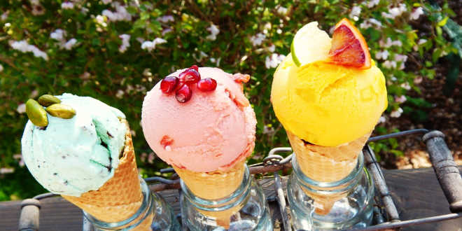 Pistachio, pomegranate and citrus ice creams
