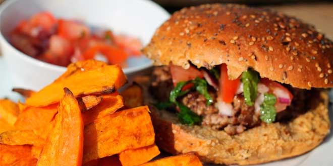 Chickpea Hamburger and fried sweet potato with Tahini sauce