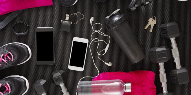 Trainers, phones, dumbbells, water bottle, headphones, shake, keys