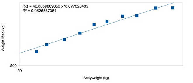 Correlation between body weight and kg lifted