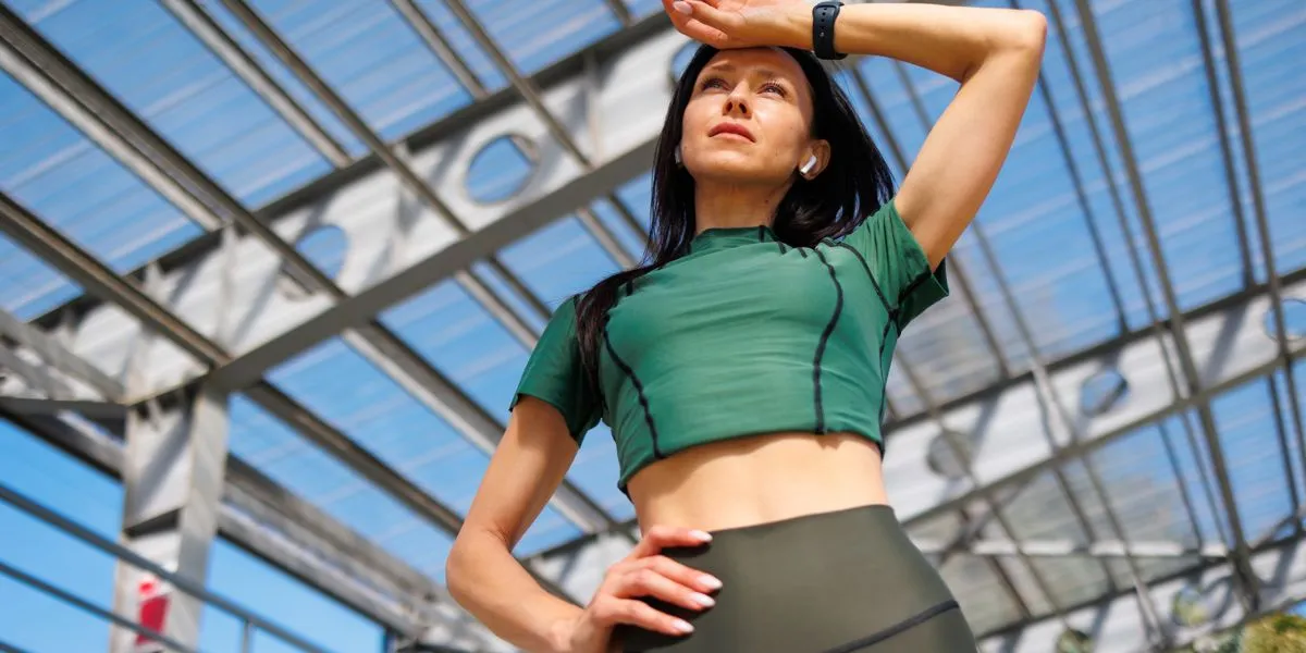 Woman training outdoors wearing a green technical shirt and wiping sweat Woman training outdoors wearing a green technical shirt and wiping sweat